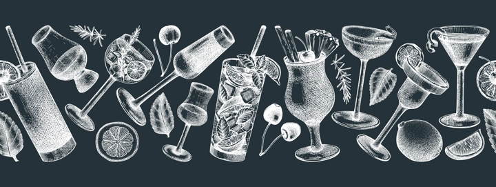 Seamless cocktail glasses ribbon design. Hand-sketched alcoholic drinks in elegant glassware. Popular alcohol cocktails drawings on chalkboard. Perfect banner design for pub, bar, or restaurant menu